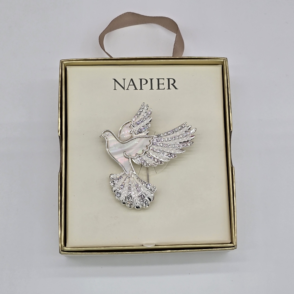 Napier Silver and White Dove Brooch New In Gift Box Christmas Pin